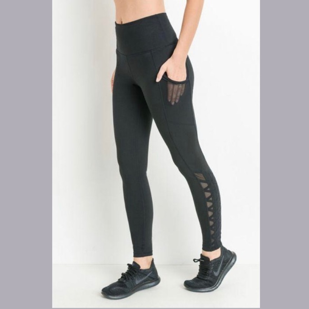 DONATED Black Leggings Mesh Lattice Side Pocket